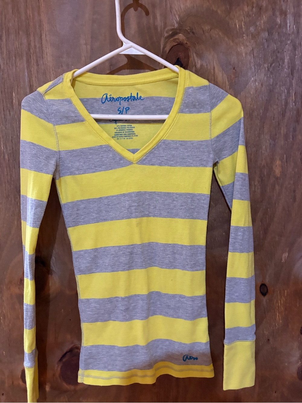 Aeropostale Yellow and Gray Striped V-Neck Long Sleeve Tee